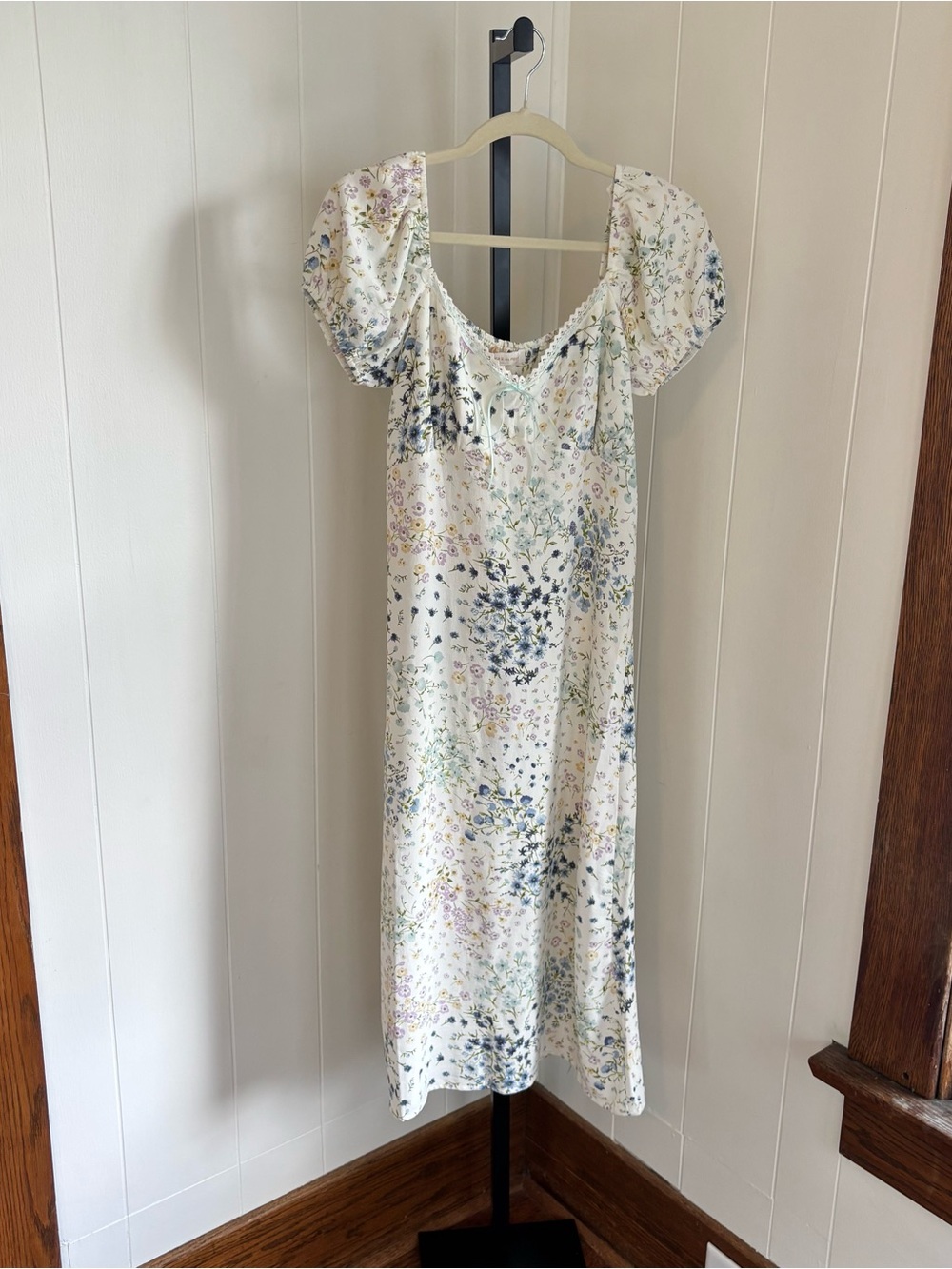 Monteau NWT Floral Babydoll Midi Dress S Cottagecore Lace Trim Peasant Milkmaid